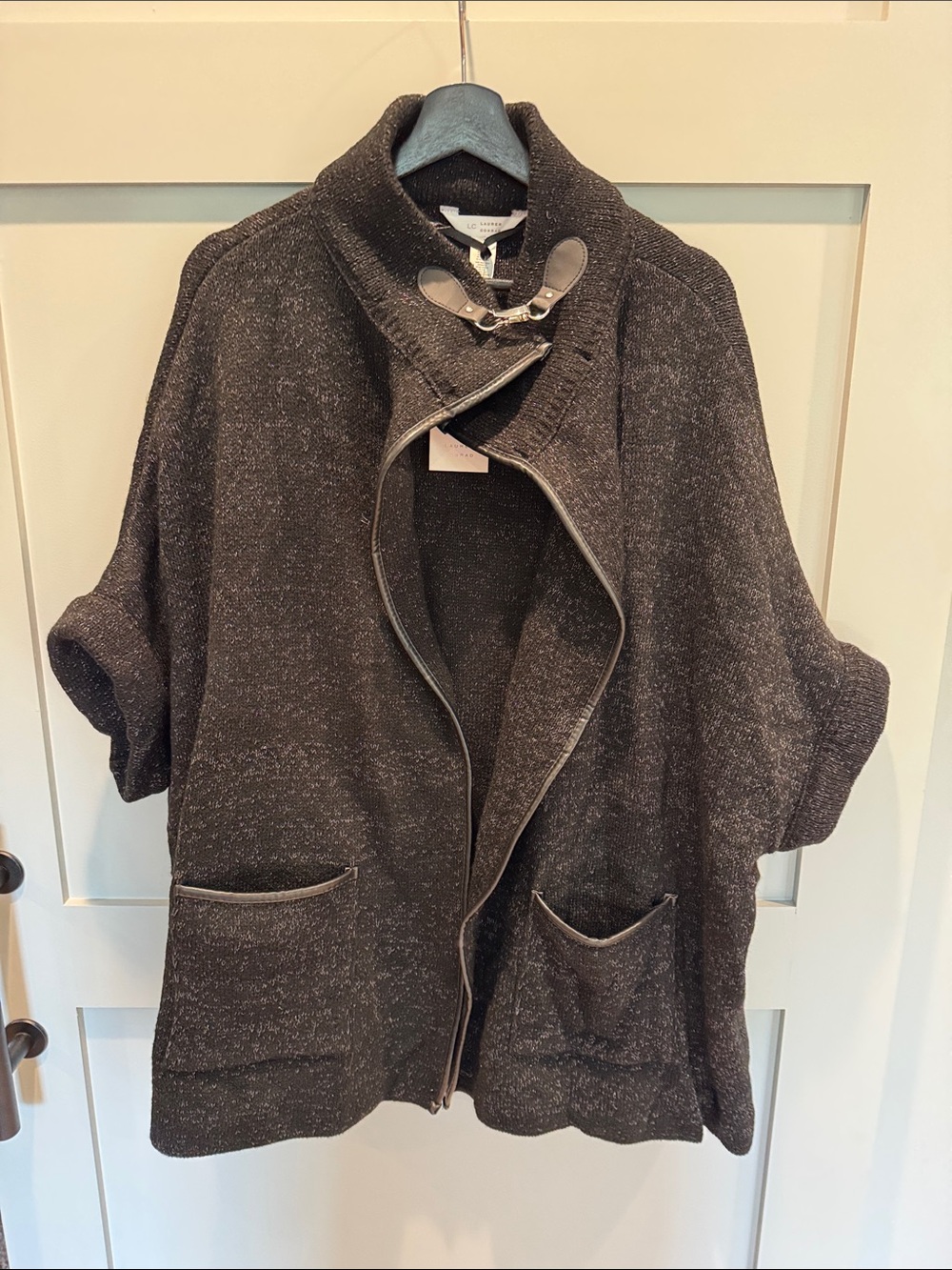Women’s Black with Metallic Knit Open-Front Cape with Toggle Collar